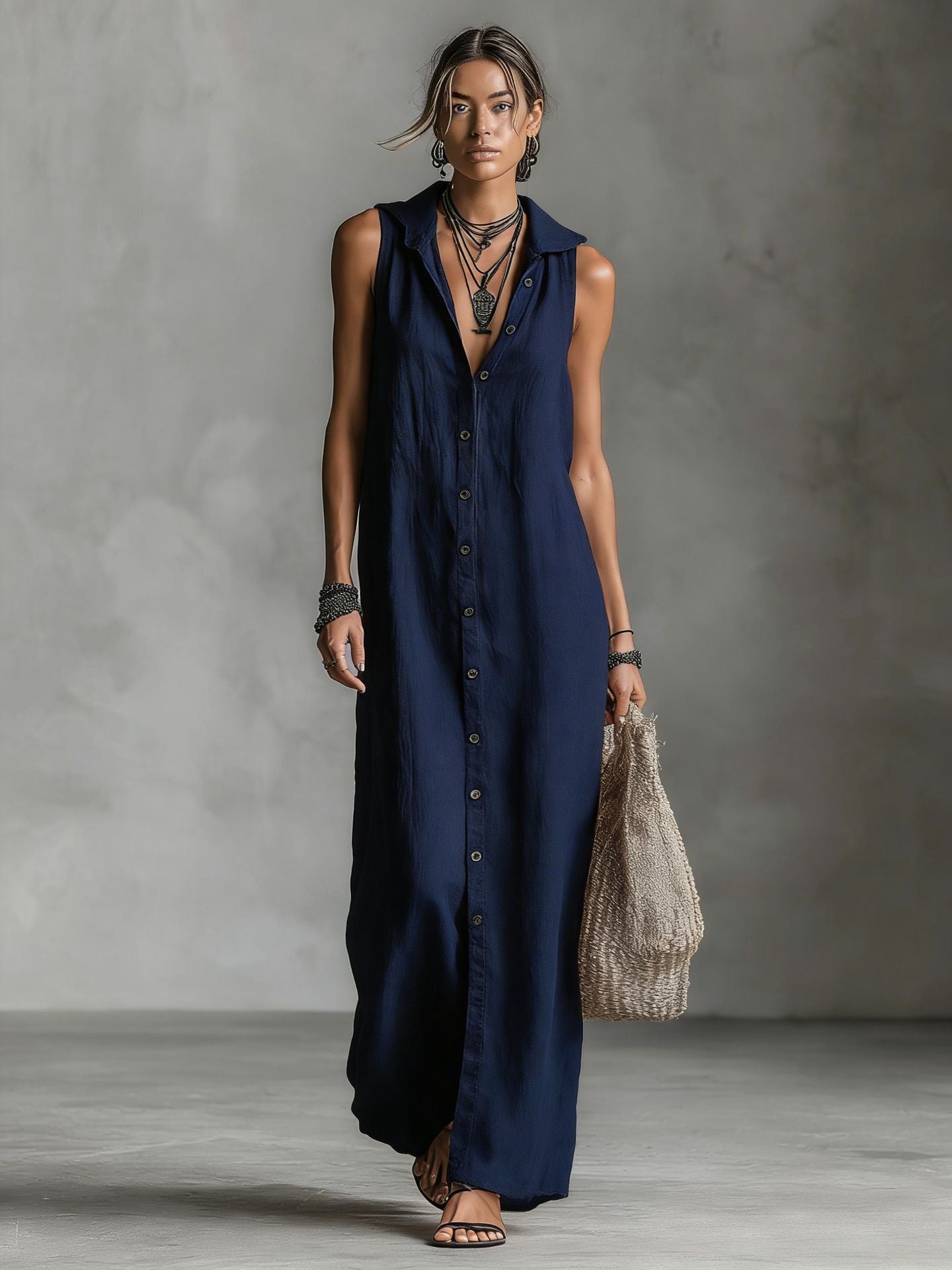 Women's Vintage Elegant Sleeveless Button-down Maxi Dress