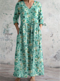 Women's V-Neck Elegant Simple Floral Pattern Cotton And Linen Dress With Pockets