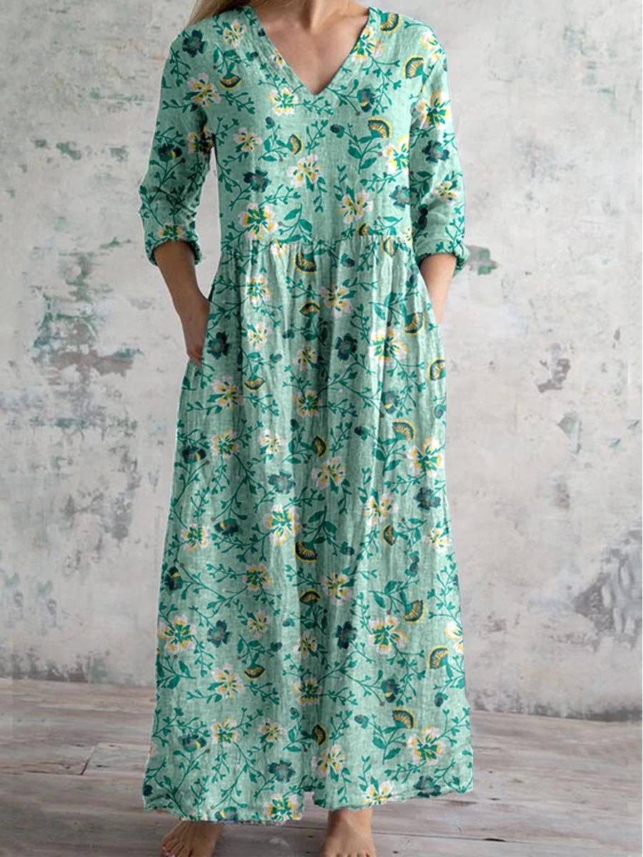 Women's V-Neck Elegant Simple Floral Pattern Cotton And Linen Dress With Pockets