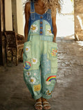 Women's Retro Floral Color-Blocked Art Print Washed Cotton Denim Patchwork Jumpsuit