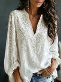 Women's White Floral Embroidered Artistic Casual Linen Blend Long Sleeve T-shirt