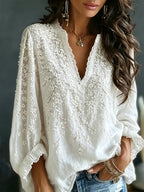Women's White Floral Embroidered Artistic Casual Linen Blend Long Sleeve T-shirt