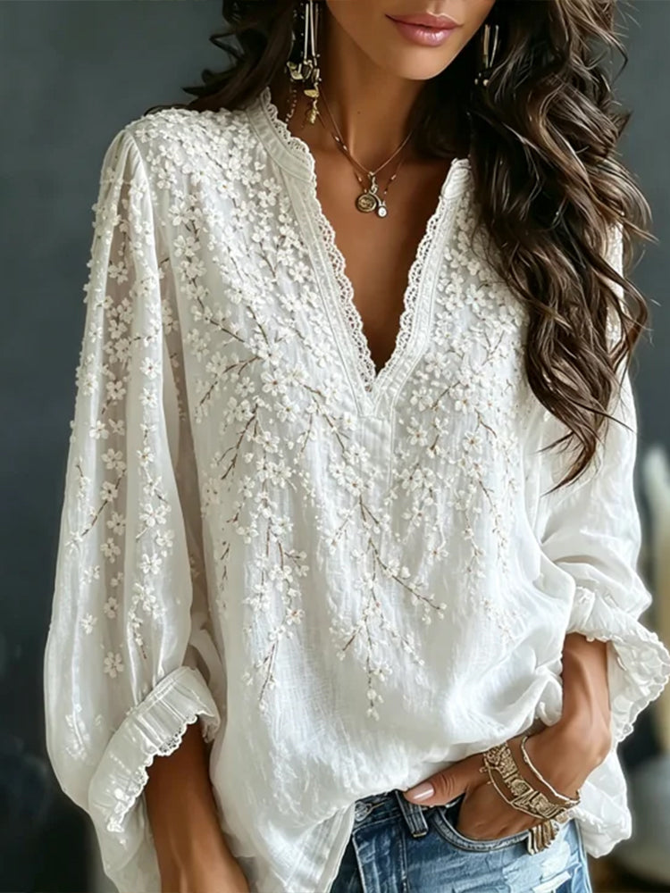 Women's White Floral Embroidered Artistic Casual Linen Blend Long Sleeve T-shirt