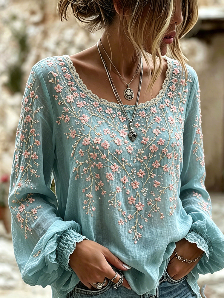 Women's Pink Cherry Blossom Embroidered Art Crew Neck Long Sleeve Linen Blend Top