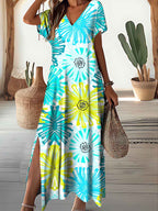 Women's V-Neck Knitted Floral Pattern Dress
