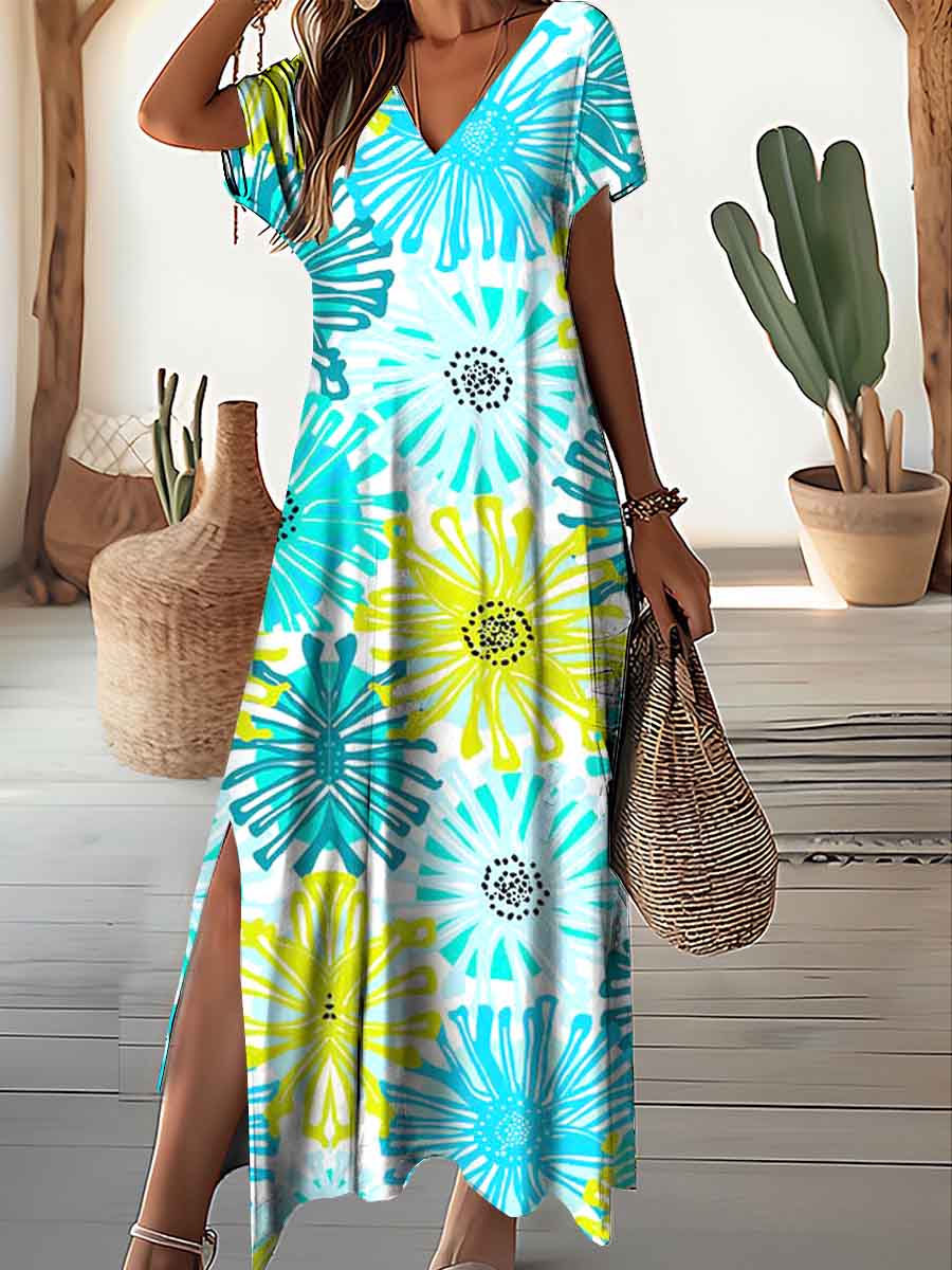 Women's V-Neck Knitted Floral Pattern Dress