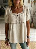 Women's Solid-color Square-neck Short-sleeve Casual Loose Cotton-linen Top