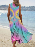 Women's Vintage Pastel Beam Pattern Round Neck Dress