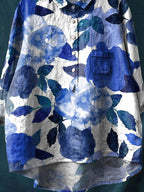 Vintage Lovely Floral Art Print Casual Cotton And Linen Shirt