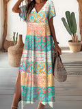 Women's V-Neck Spliced Geometric Pattern Short Sleeve Dress