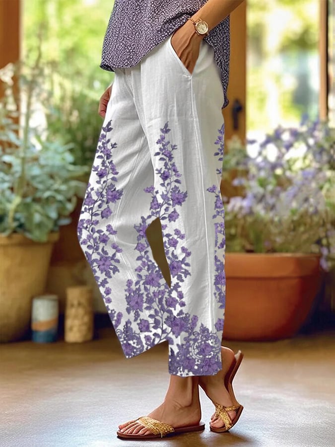Women's Purple Floral Print Casual Pants