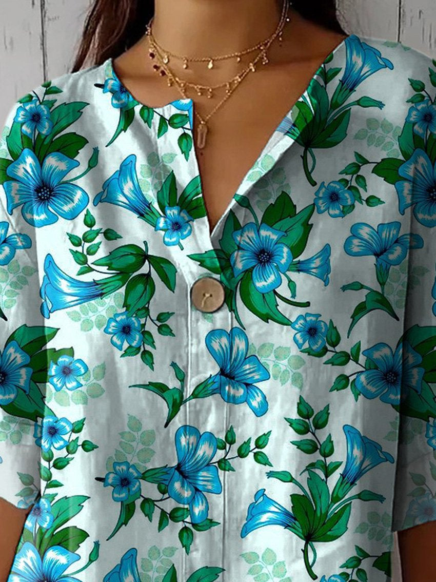 Summer Tropical Blue Floral Pattern Printed Women's Casual Cotton Linen Shirt