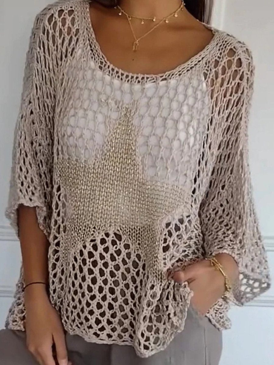 Women's Star Design Round Neck Spring And Summer Knit Sweater
