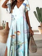 Women's Underwater World Pattern Resort V-Neck Dress