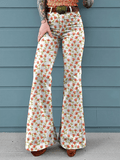 Women's Vintage Floral Print Mid-Rise Button-Hem Bootcut Pants (Without Belt)