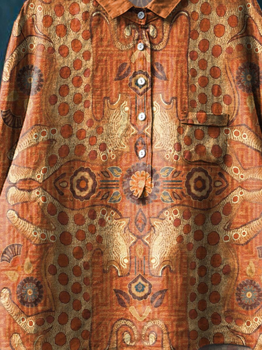 Vintage Ethnic Floral Animals Art Print Casual Cotton And Linen Shirt