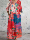 Women's V-neck Floral Butterfly Art Print Cotton and Linen Pocket Dress