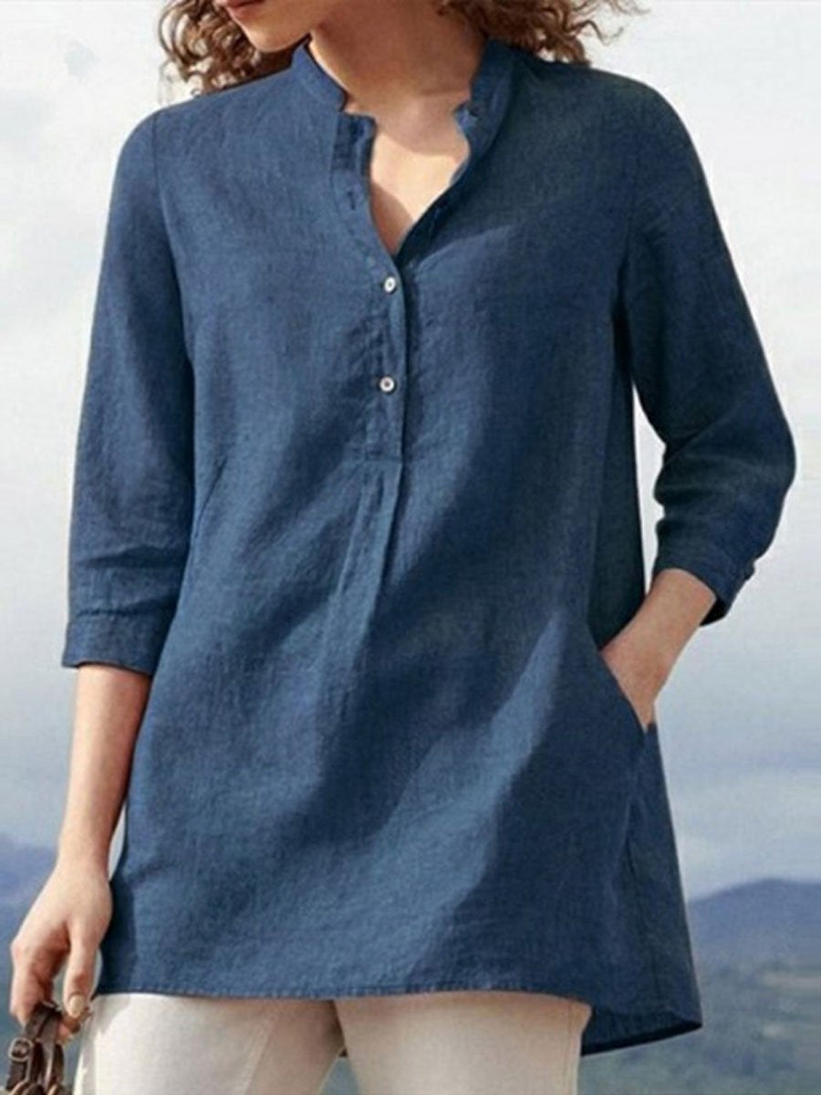 Women's Solid Color Loose Elegant Casual Cotton And Linen Shirt