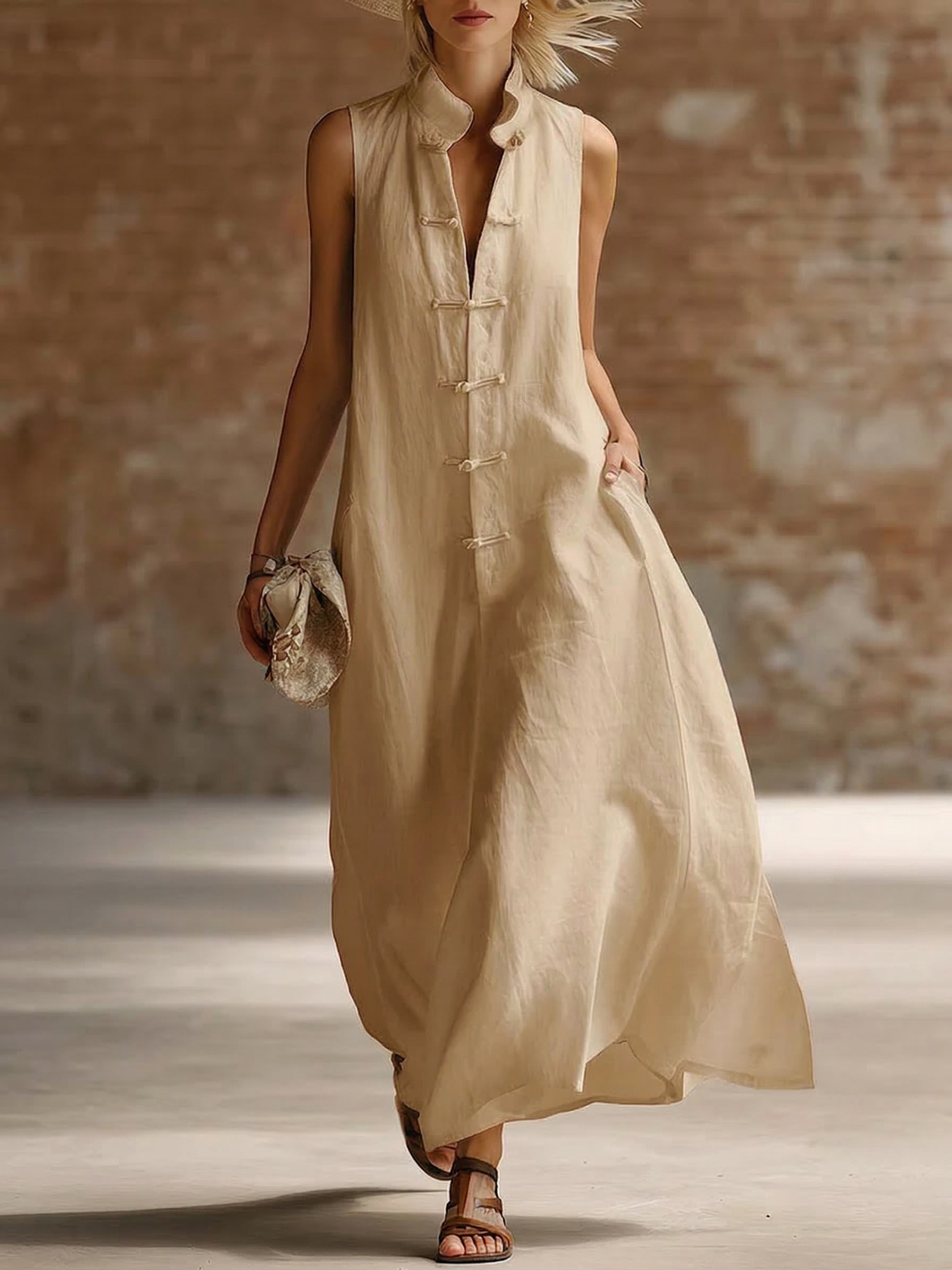 Stylish Stand-up Collar Frog Buttons Loose Linen-cotton Maxi Dress
