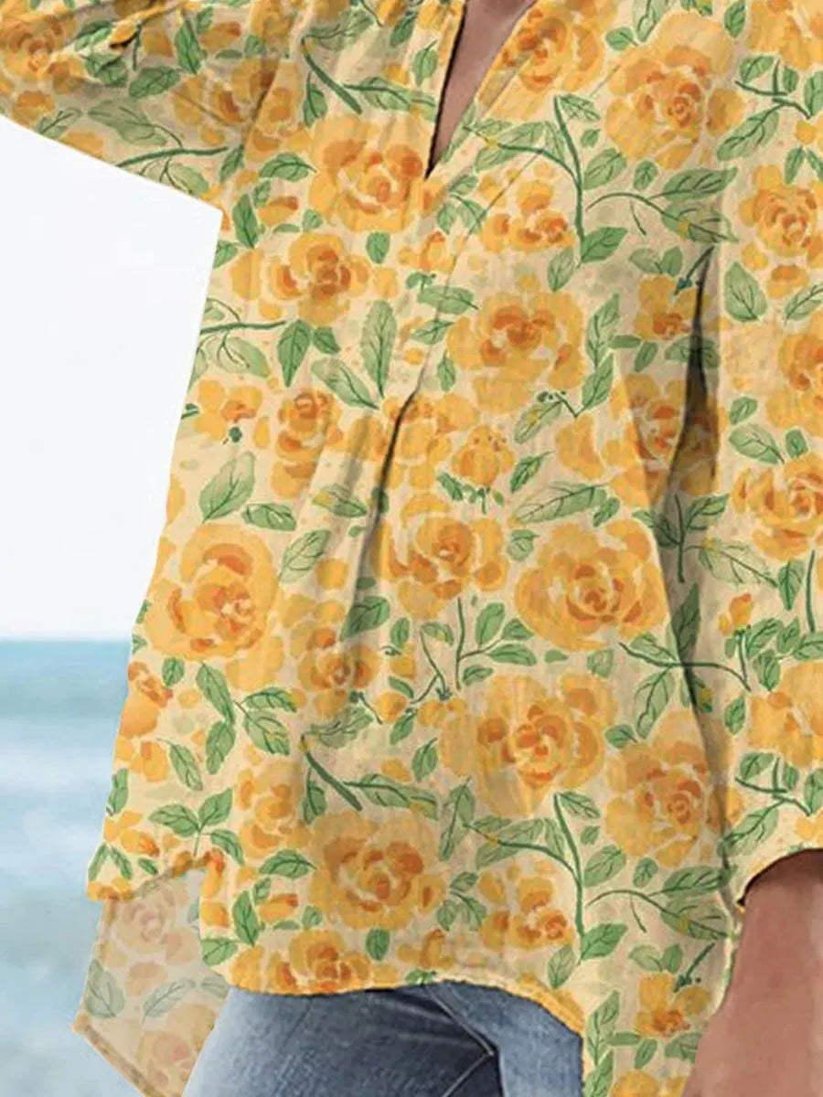 Women's Vintage Lovely Floral Art Print Casual Linen V-neck Shirt