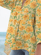 Women's Vintage Lovely Floral Art Print Casual Linen V-neck Shirt
