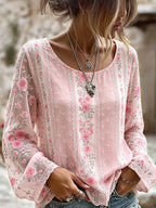 Vintage Pink Floral Art Round Neck Cozy Linen T Shirt