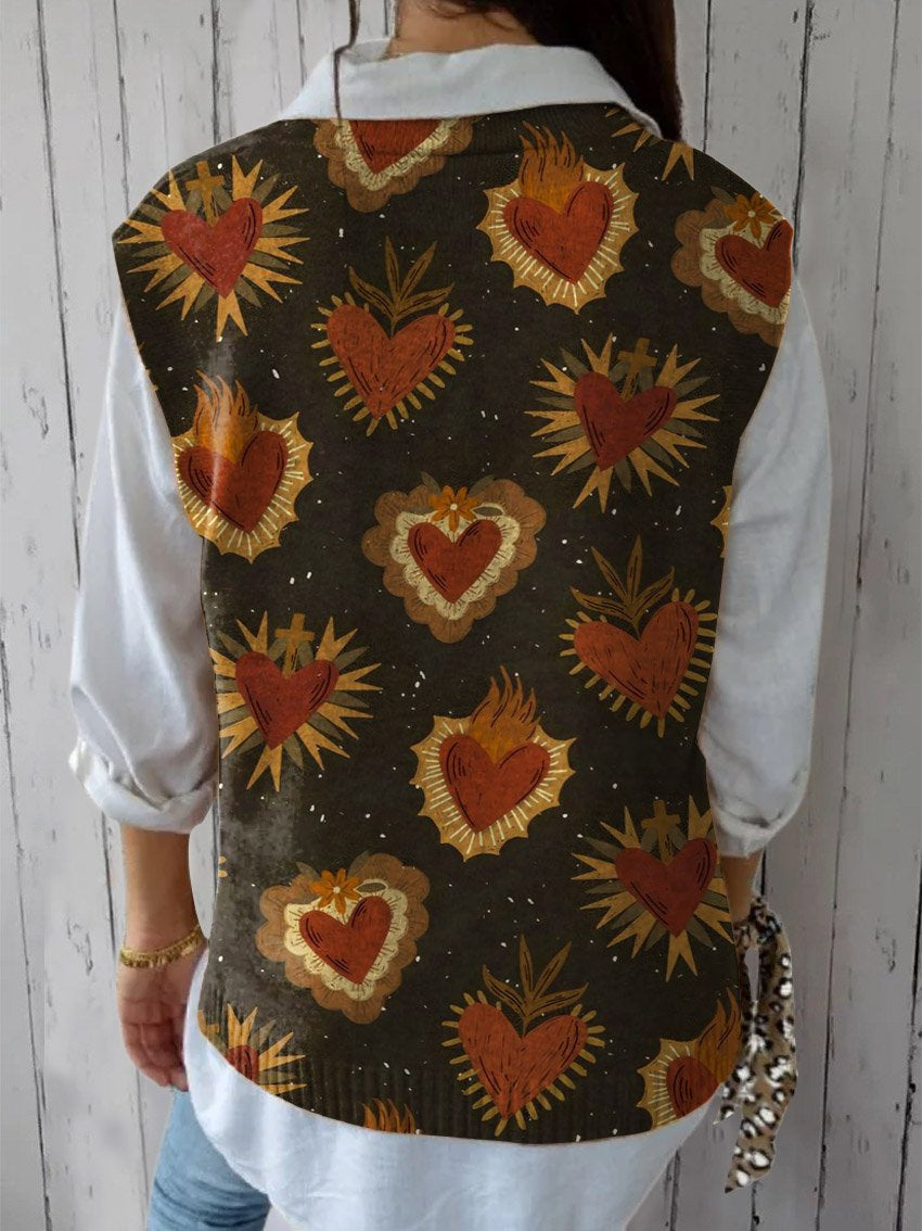 Women's Vintage Lovely Hearts Art Print Versatile Knitted Vest