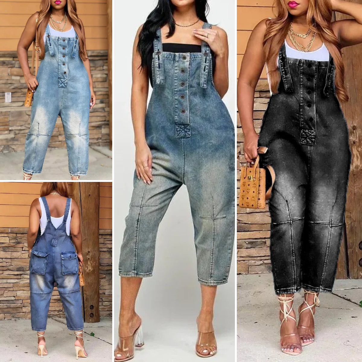 Fashion Casual Designer Style Denim Suspender Jumpsuit