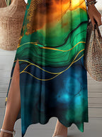 Women's Floral Alcohol Ink Art Print Pocket V Neck Long Dress Maxi Dress