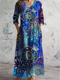 Women's V Neck Art Irregular Pattern Dress with Pockets