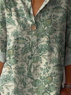 Vintage Style Green Garden Pattern Printed Women's Casual Cotton Linen Shirt
