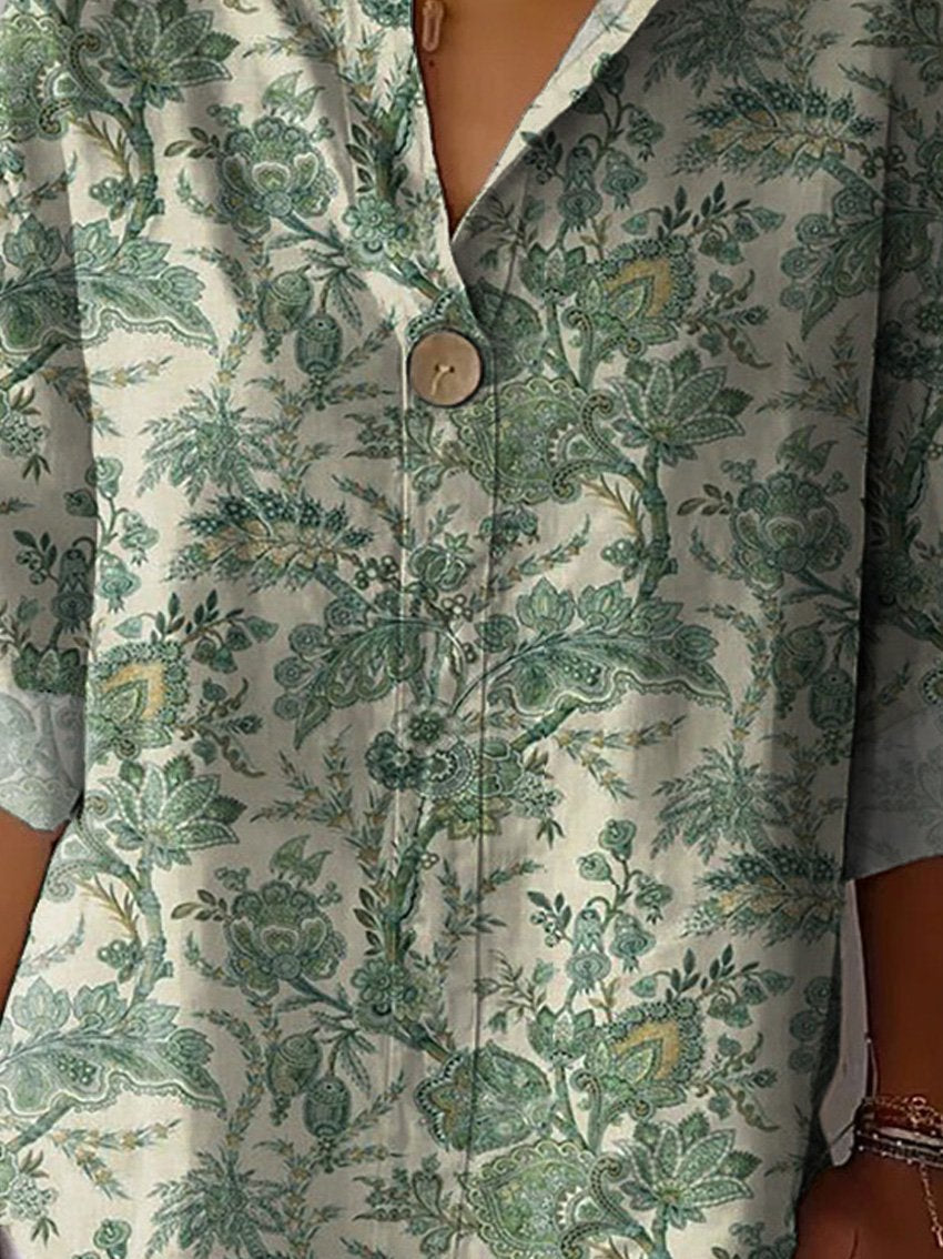 Vintage Style Green Garden Pattern Printed Women's Casual Cotton Linen Shirt