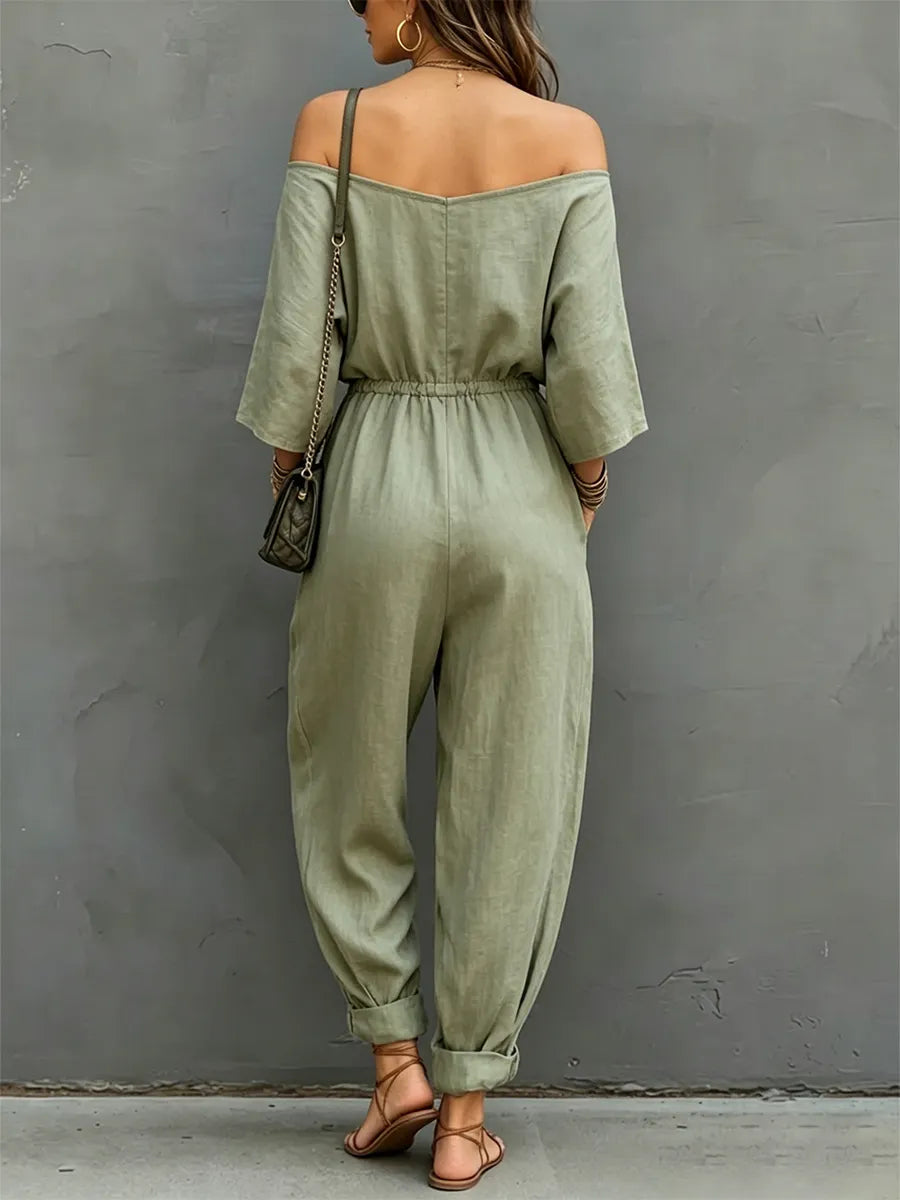 Off-the-shoulder, 3/4-sleeve, Drawstring-waist, Cotton-linen Jumpsuit With Cuffed Ankles