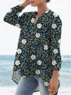 Midnight White Floral Pattern Printed Women's Casual Linen V-neck Shirt