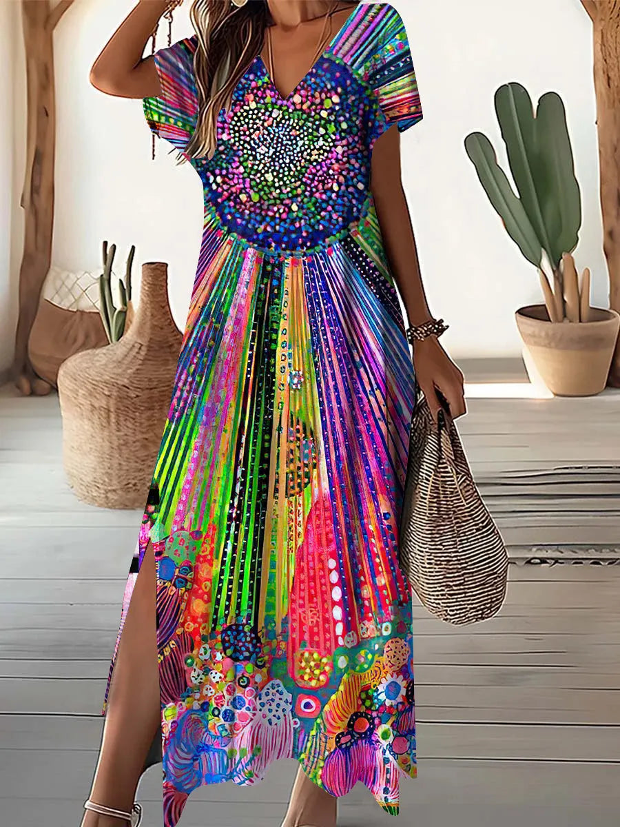Women's V-Neck Vintage Irregular Geometric Pattern Dresses