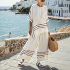 Simple Striped Linen Blend T-shirt Two Piece Set