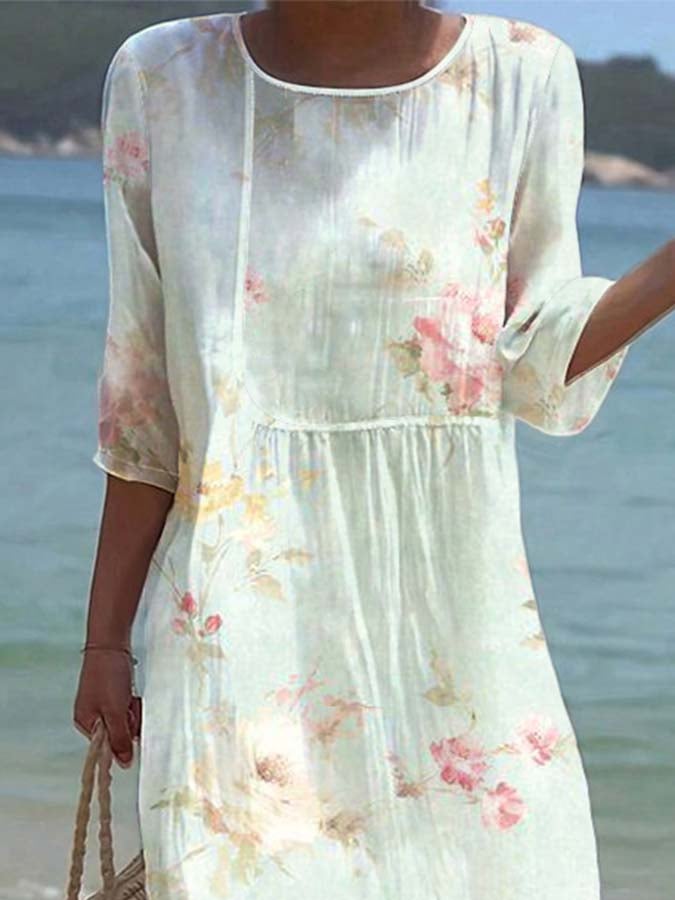 Women's Casual  Round Neck Mid Sleeve Print Cotton and Linen Dress