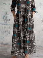 Women's V-neck Elegant Vintage Floral Pattern Cotton Shirt Dress