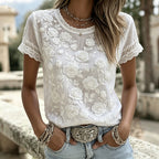 Women's White Rose Art Casual Cotton Linen Crew Neck Short Sleeve T-shirt