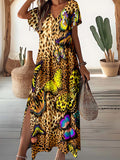 Women's V-Neck Leopard Butterfly Pattern Art Print Dress