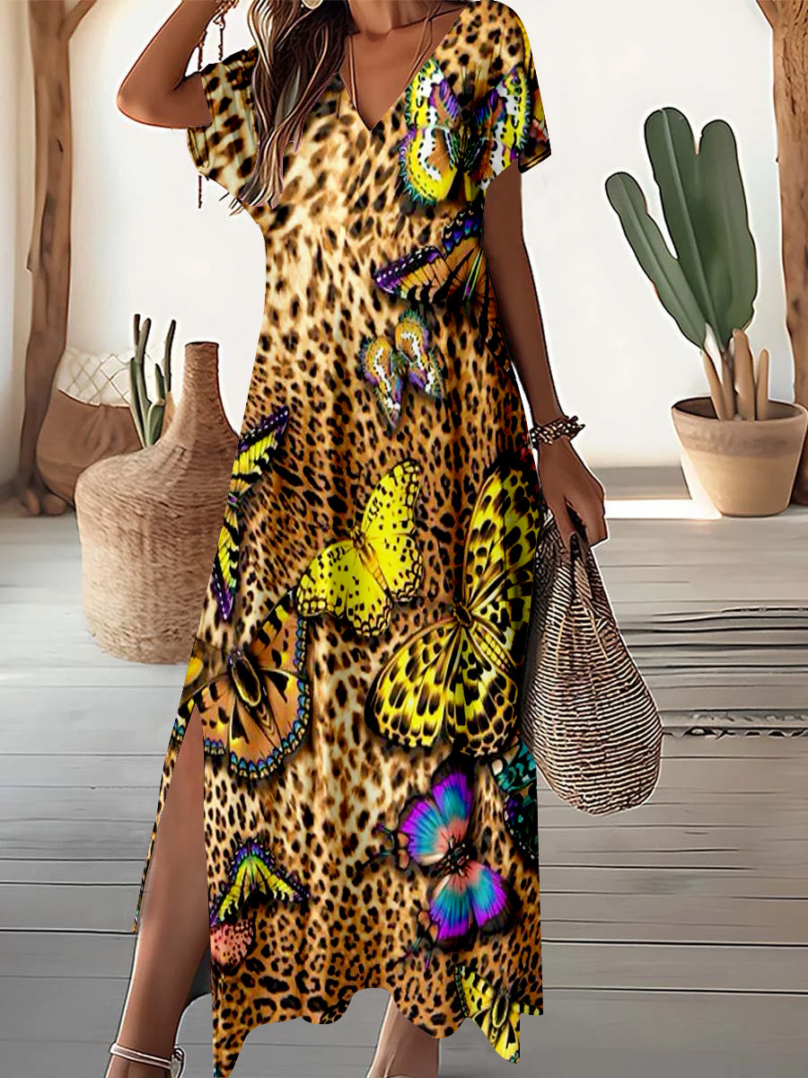 Women's V-Neck Leopard Butterfly Pattern Art Print Dress