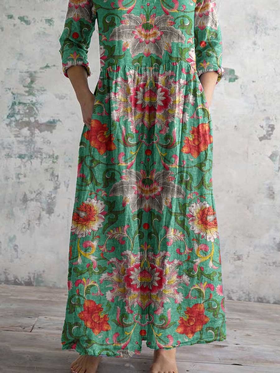 Women's V-neck  Abstract Art Floral Pattern Collar Cotton Dress With Pockets
