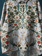 Vintage Floral Art Print Casual Cotton And Linen Shirt