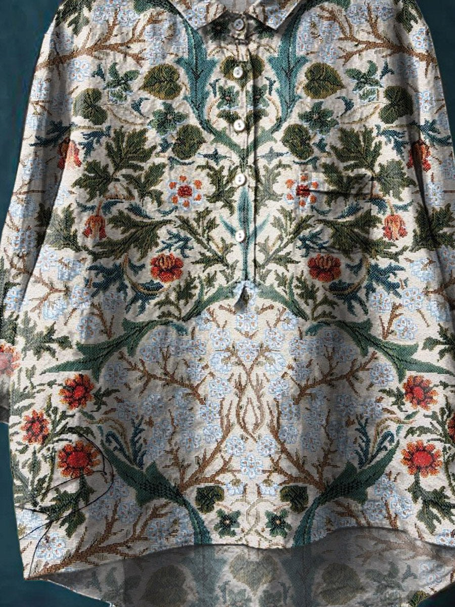 Vintage Floral Art Print Casual Cotton And Linen Shirt