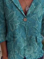 Women's Vintage Floral Art Print Casual Linen And Cotton Pocket Coat
