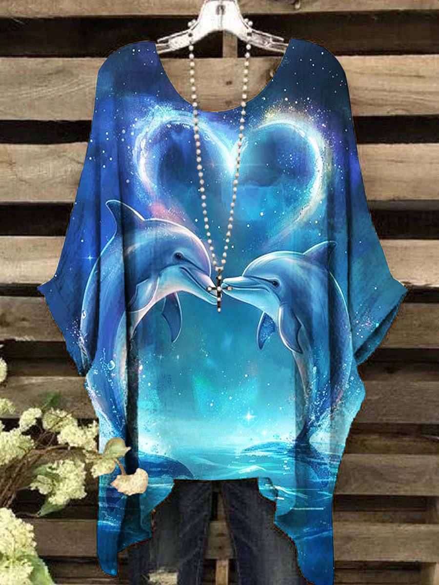 Women's Vintage Dolphin Pattern Round Neck Top