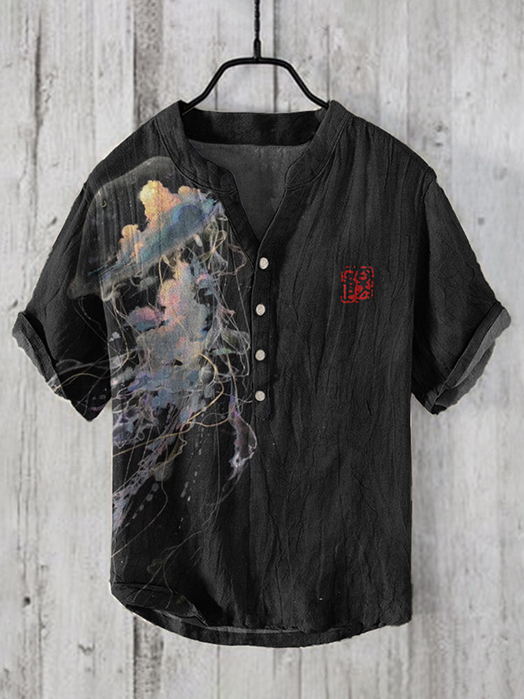 Japanese Jellyfish Art Print Linen V-Neck Shirt