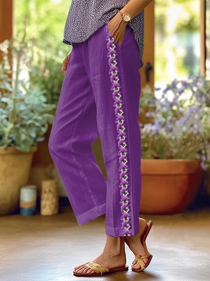 Women's Purple Pansy Floral Print Casual Pants