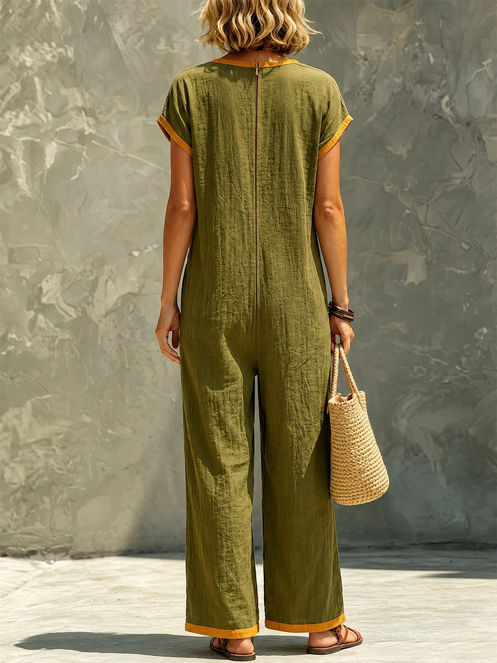 Olive Green Cotton Jumpsuit With Yellow Piping, Deep V-neck, Short Sleeves, And Wide Legs