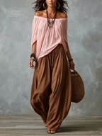 Pink Off-shoulder Top And Brown Loose-fitting Lantern Pants Suit